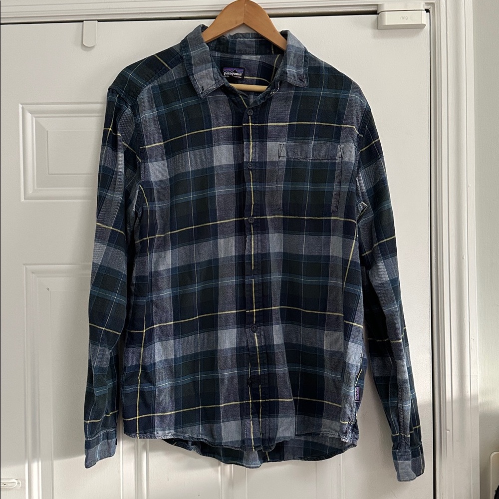 Patagonia Shirt Men's Large Blue Green Bluffside Plaid Organic Cotton